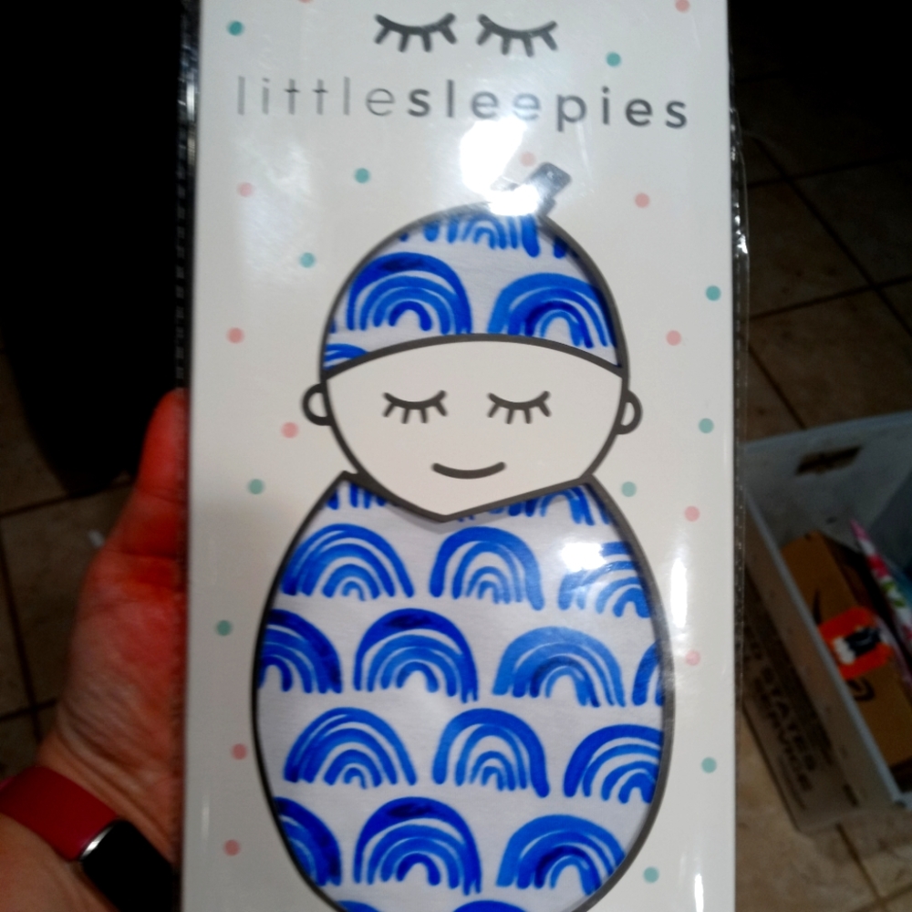 Little Sleepies Blue rainbows swaddle and hat new